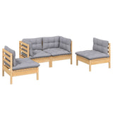 4 Piece Garden Lounge Set with Grey Cushions Solid Pinewood
