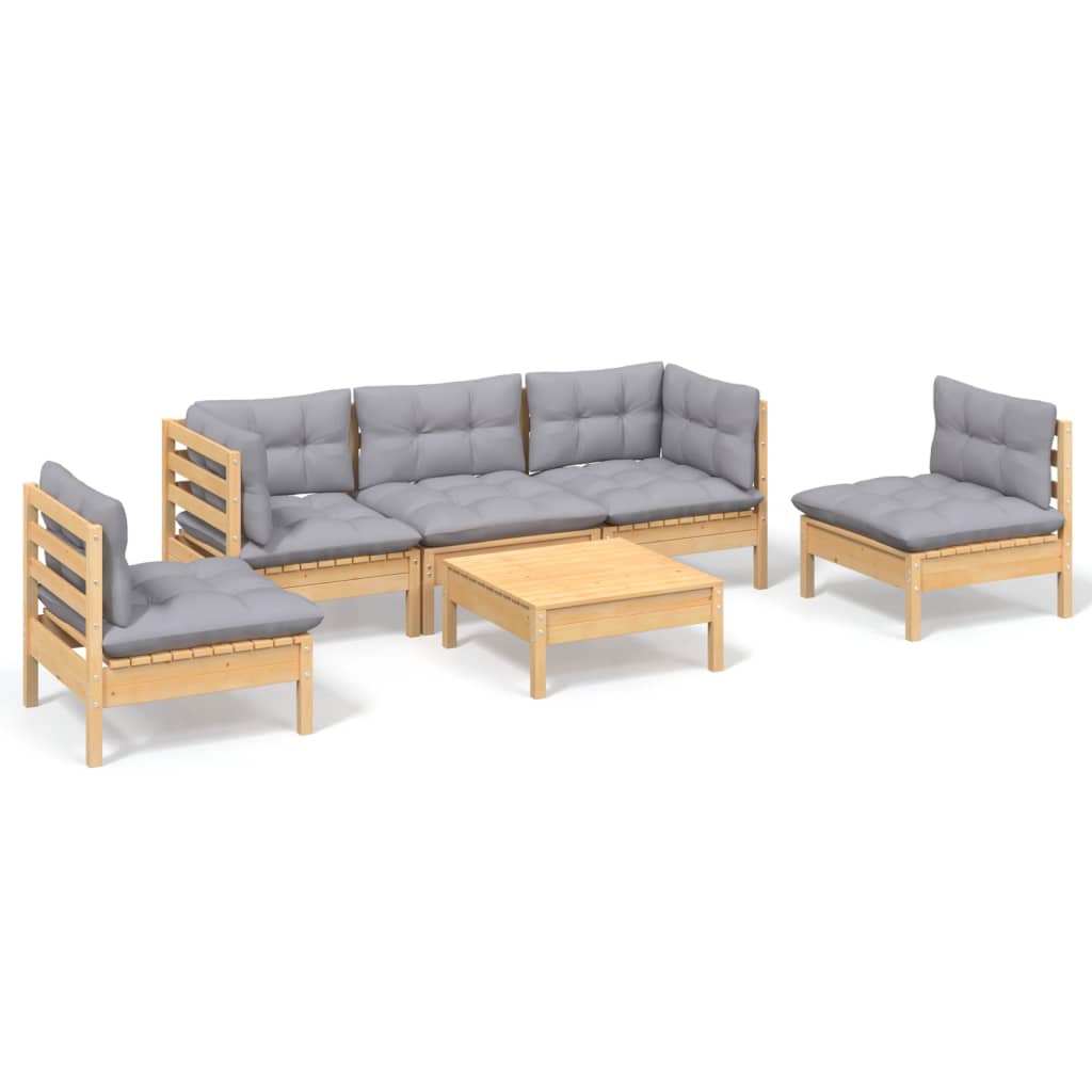 6 Piece Garden Lounge Set with Grey Cushions Solid Pinewood