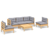 6 Piece Garden Lounge Set with Grey Cushions Solid Pinewood - Front View