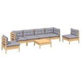 7 Piece Garden Lounge Set with Grey Cushions Solid Pinewood - Side View