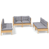6 Piece Garden Lounge Set with Grey Cushions Solid Pinewood - Front View
