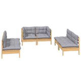 6 Piece Garden Lounge Set with Grey Cushions Solid Pinewood - Side View