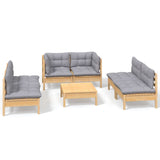 7 Piece Garden Lounge Set with Grey Cushions Solid Pinewood - Front View