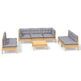 8 Piece Garden Lounge Set with Grey Cushions Solid Pinewood - Front View