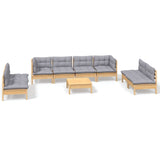 9 Piece Garden Lounge Set with Grey Cushions Solid Pinewood - Front View