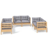 6 Piece Garden Lounge Set with Grey Cushions Solid Pinewood - Front View