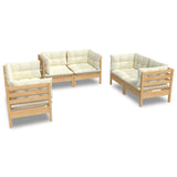 6 Piece Garden Lounge Set with Cream Cushions Solid Pinewood - Front View