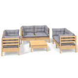 7 Piece Garden Lounge Set with Grey Cushions Solid Pinewood - Front View