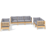 7 Piece Garden Lounge Set with Grey Cushions Solid Pinewood - Front View
