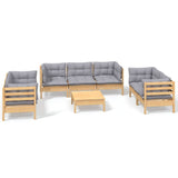 8 Piece Garden Lounge Set with Grey Cushions Solid Pinewood - Front View