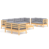 9 Piece Garden Lounge Set with Grey Cushions Solid Pinewood - Front View