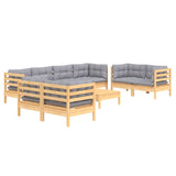 9 Piece Garden Lounge Set with Grey Cushions Solid Pinewood - Side View