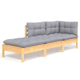 3 Piece Garden Lounge Set with Grey Cushions Solid Wood Pine - Front View