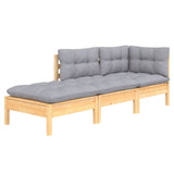 3 Piece Garden Lounge Set with Grey Cushions Solid Wood Pine - Side View