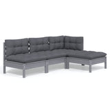 4 Piece Garden Lounge Set with Cushions Grey Pinewood - Front View