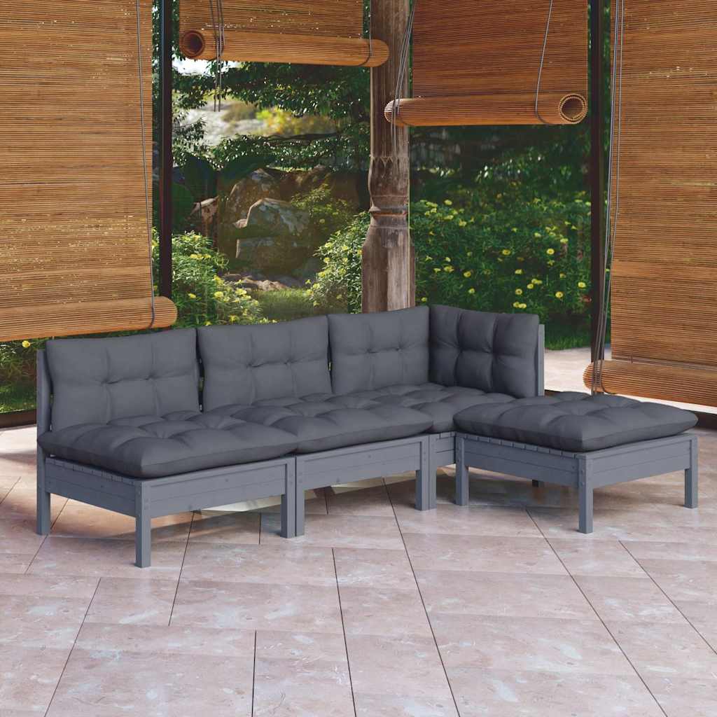 4 Piece Garden Lounge Set with Cushions Grey Pinewood