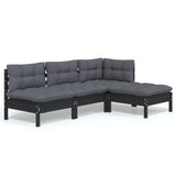 4 Piece Garden Lounge Set with Cushions Black Pinewood - Front View