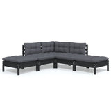 5 Piece Garden Lounge Set with Cushions Black Pinewood