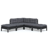5 Piece Garden Lounge Set with Cushions Black Pinewood - Front View