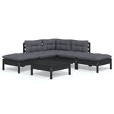 6 Piece Garden Lounge Set with Cushions Black Pinewood - Front View