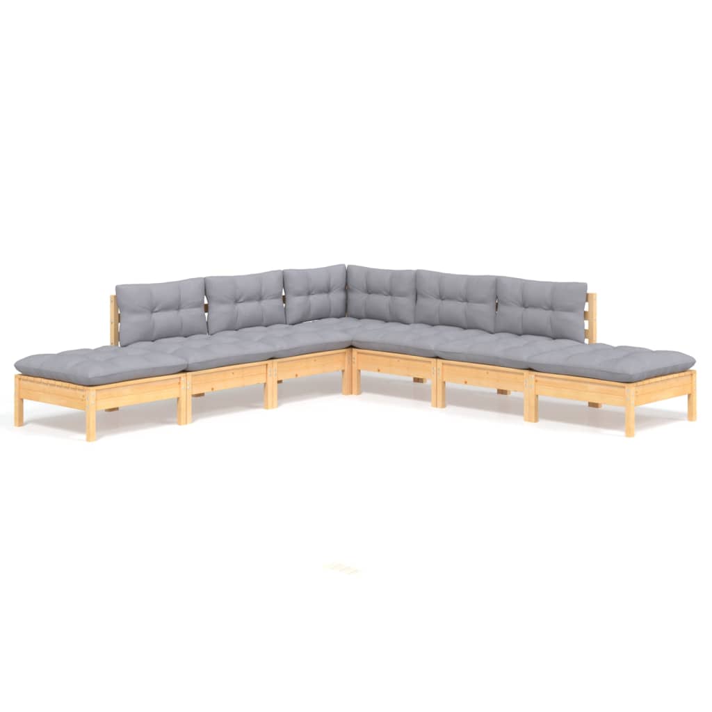 7 Piece Garden Lounge Set with Grey Cushions Pinewood