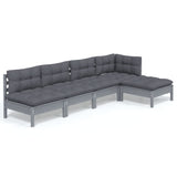 5 Piece Garden Lounge Set with Cushions Grey Pinewood