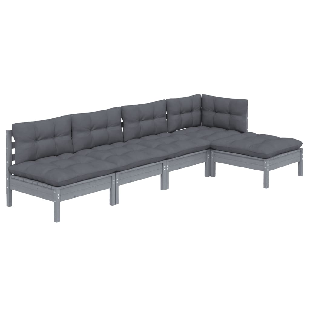5 Piece Garden Lounge Set with Cushions Grey Pinewood