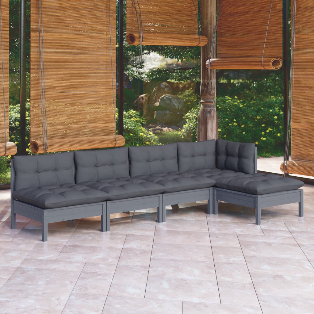 5 Piece Garden Lounge Set with Cushions Grey Pinewood