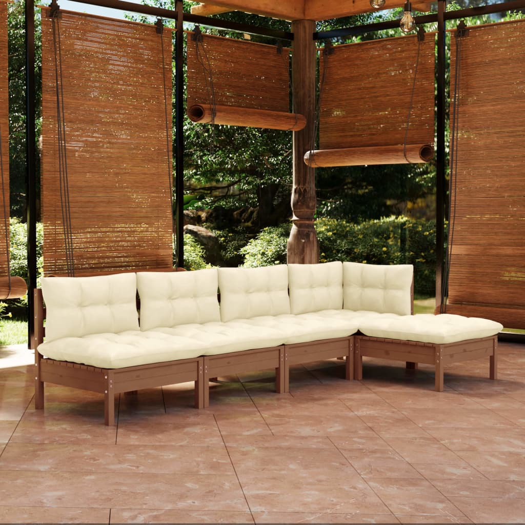 5 Piece Garden Lounge Set with Cushions Honey Brown Pinewood