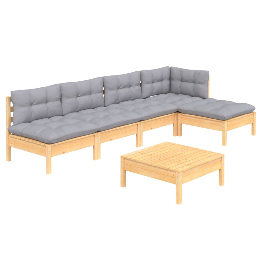 6 Piece Garden Lounge Set with Grey Cushions Pinewood