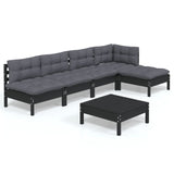 6 Piece Garden Lounge Set with Cushions Black Pinewood - Front View