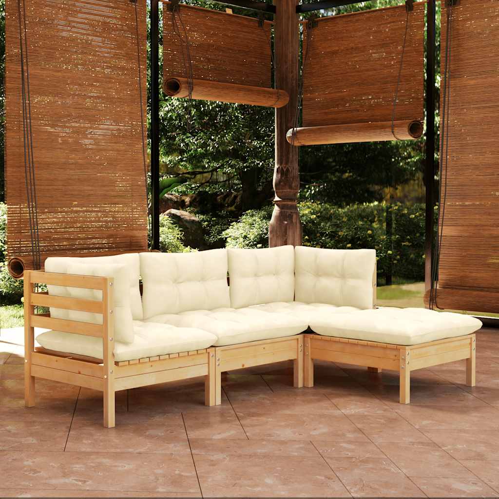 4 Piece Garden Lounge Set with Cream Cushions Pinewood