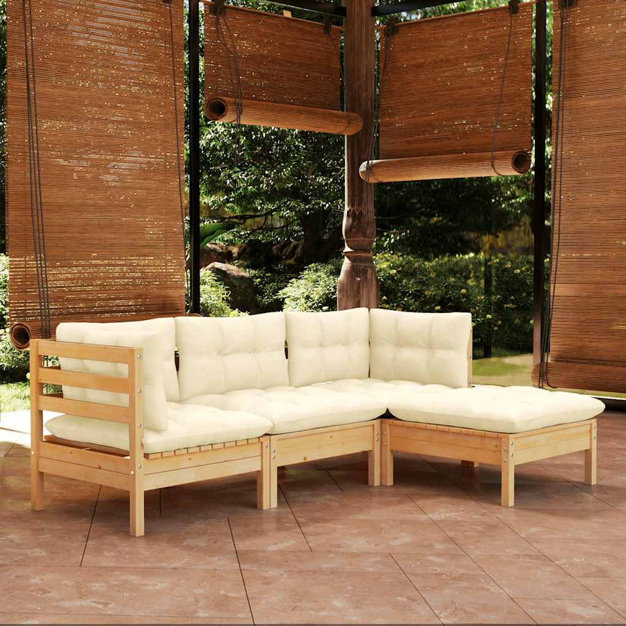 4 Piece Garden Lounge Set with Cream Cushions Pinewood