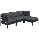4 Piece Garden Lounge Set with Cushions Black Pinewood - Front View