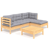 5 Piece Garden Lounge Set with Grey Cushions Pinewood - Front View