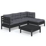 5 Piece Garden Lounge Set with Cushions Black Pinewood - Front View