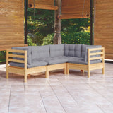 4 Piece Garden Lounge Set with Grey Cushions Pinewood