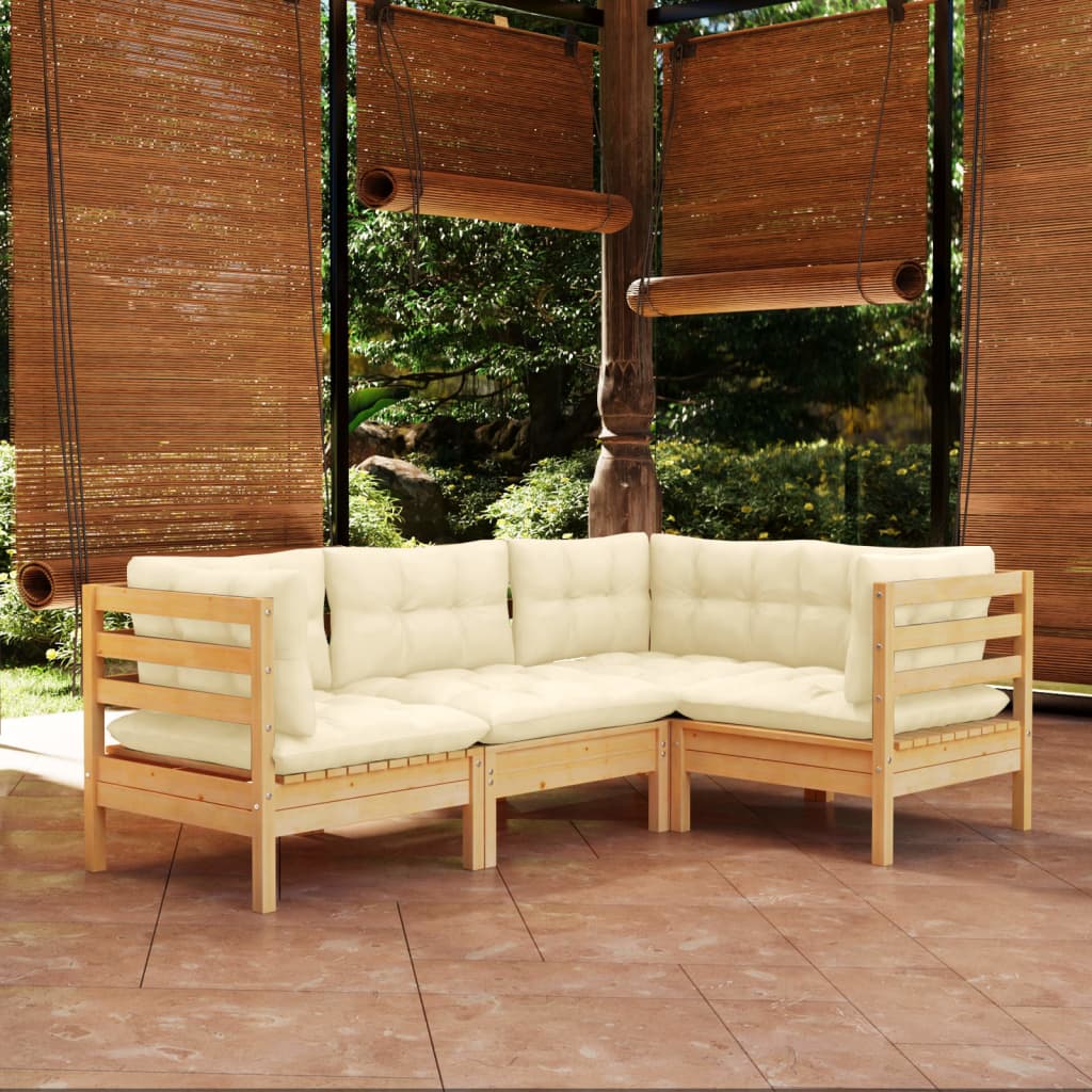 4 Piece Garden Lounge Set with Cream Cushions Pinewood