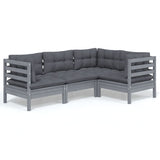 4 Piece Garden Lounge Set with Cushions Grey Pinewood - Front View
