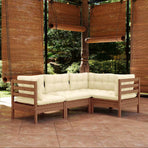 4 Piece Garden Lounge Set with Cushions Honey Brown Pinewood