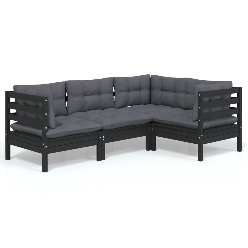 4 Piece Garden Lounge Set with Cushions Black Pinewood