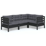 4 Piece Garden Lounge Set with Cushions Black Pinewood - Front View