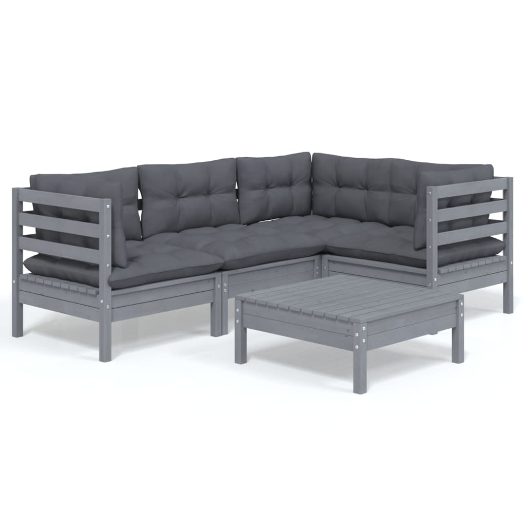 5 Piece Garden Lounge Set with Cushions Grey Pinewood