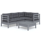 5 Piece Garden Lounge Set with Cushions Grey Pinewood