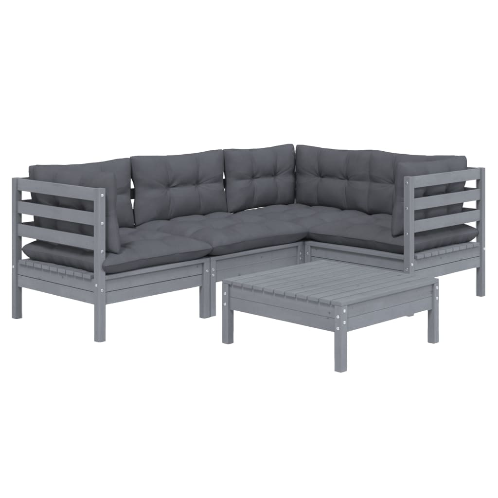 5 Piece Garden Lounge Set with Cushions Grey Pinewood