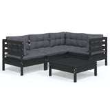 5 Piece Garden Lounge Set with Cushions Black Pinewood - Front View