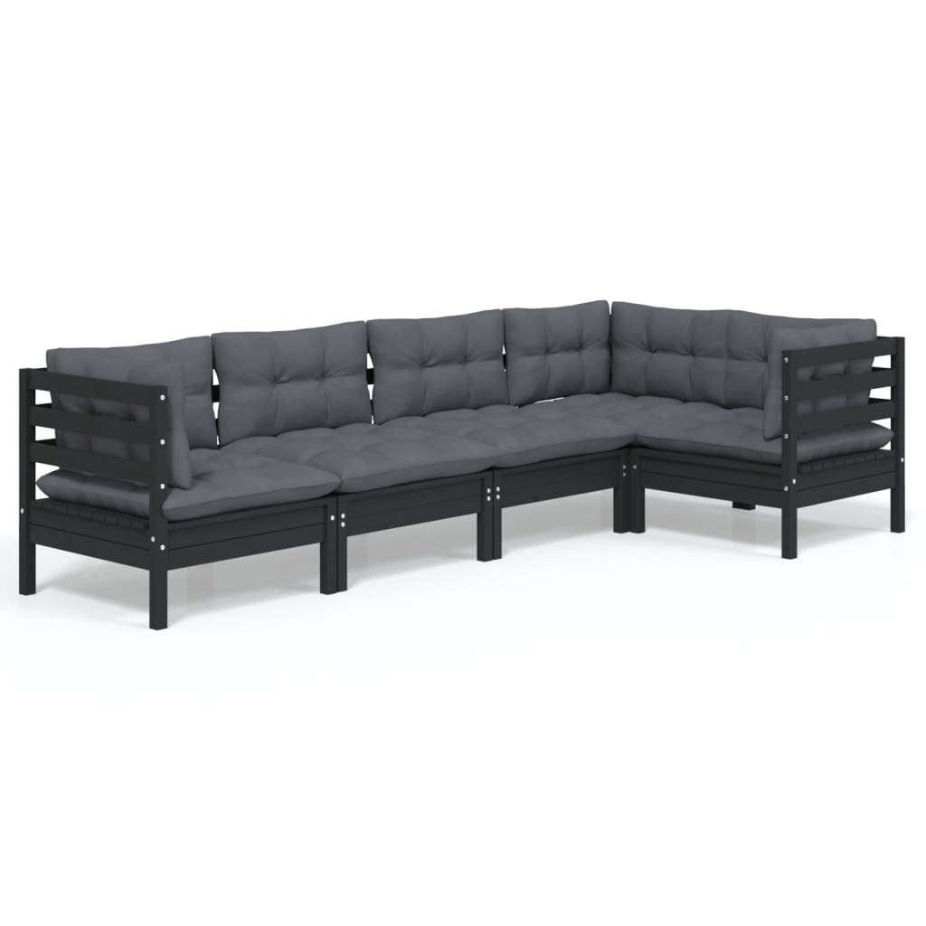 5 Piece Garden Lounge Set with Cushions Black Pinewood