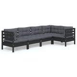 5 Piece Garden Lounge Set with Cushions Black Pinewood - Front View