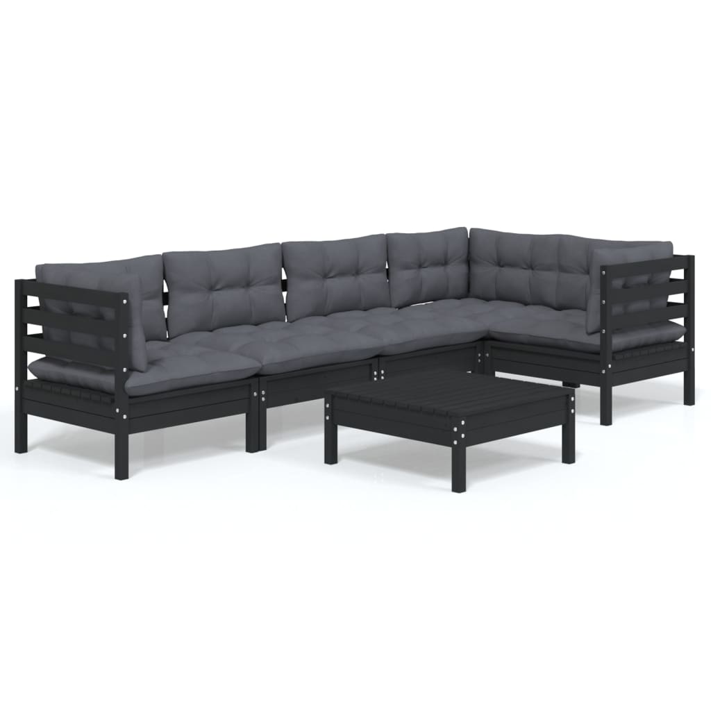 6 Piece Garden Lounge Set with Cushions Black Pinewood
