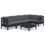 6 Piece Garden Lounge Set with Cushions Black Pinewood - Front View